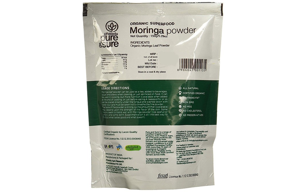Pure & Sure Organic Superfood Moringa Powder   Pack  150 grams